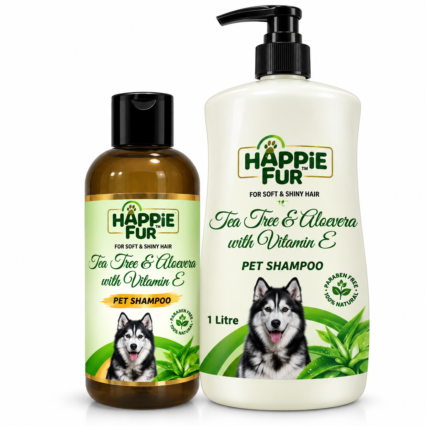 Happie Fur Tea Tree & Aloevera with Vitamin E Pet Shampoo – 300ml | 1litre
